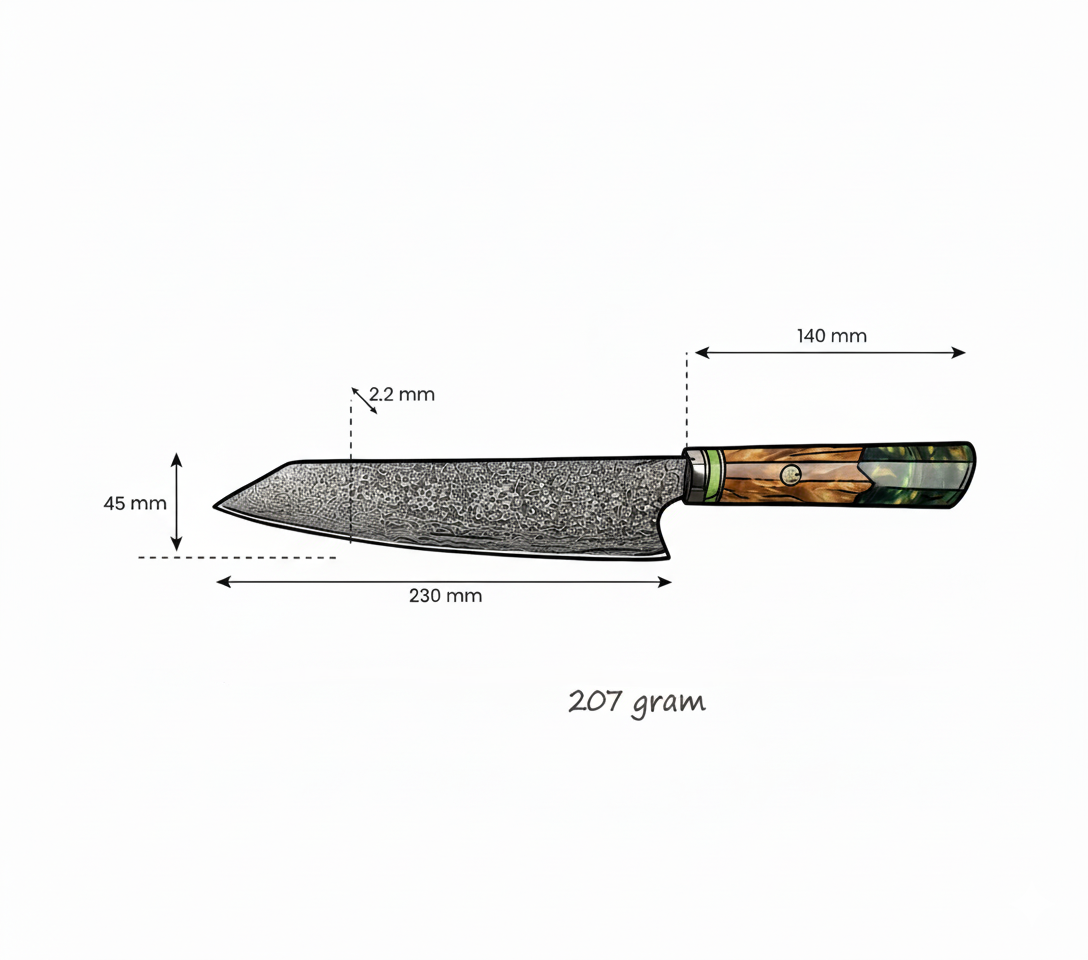 Japans Koksmes 23 CM Smaragdgroen gemaakt van Damascusstaal