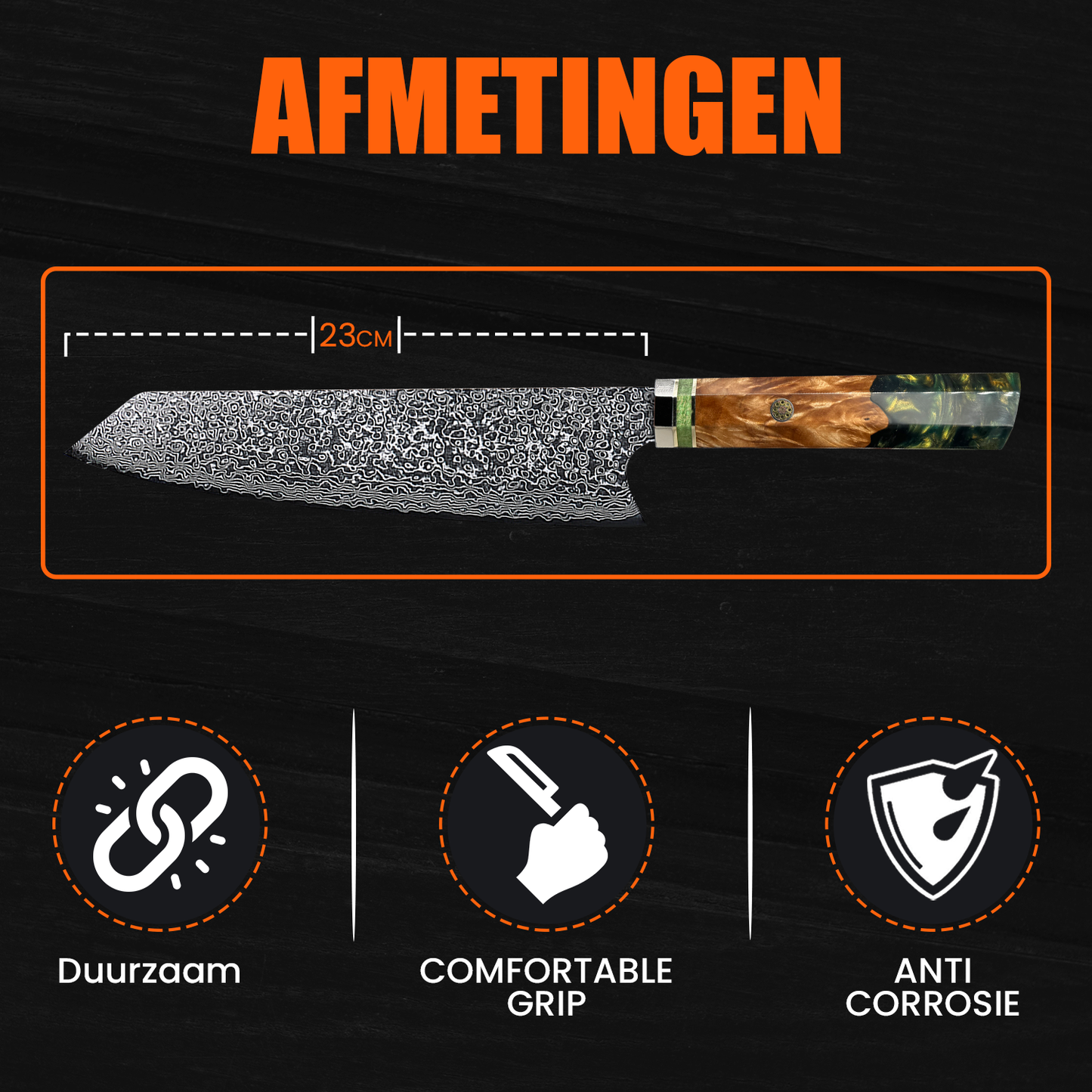 Japans Koksmes 23 CM Smaragdgroen gemaakt van Damascusstaal