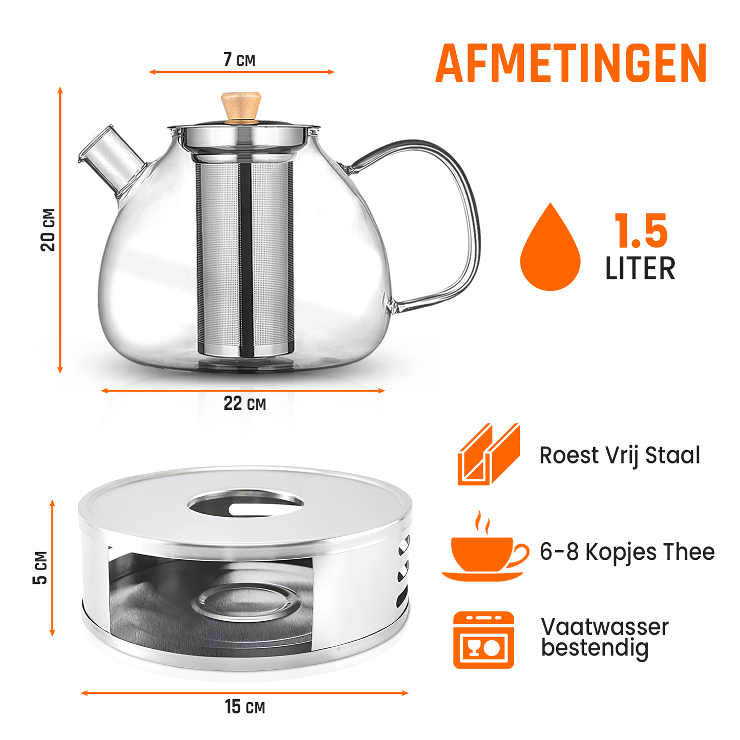 Theepot met warmhouder en filter