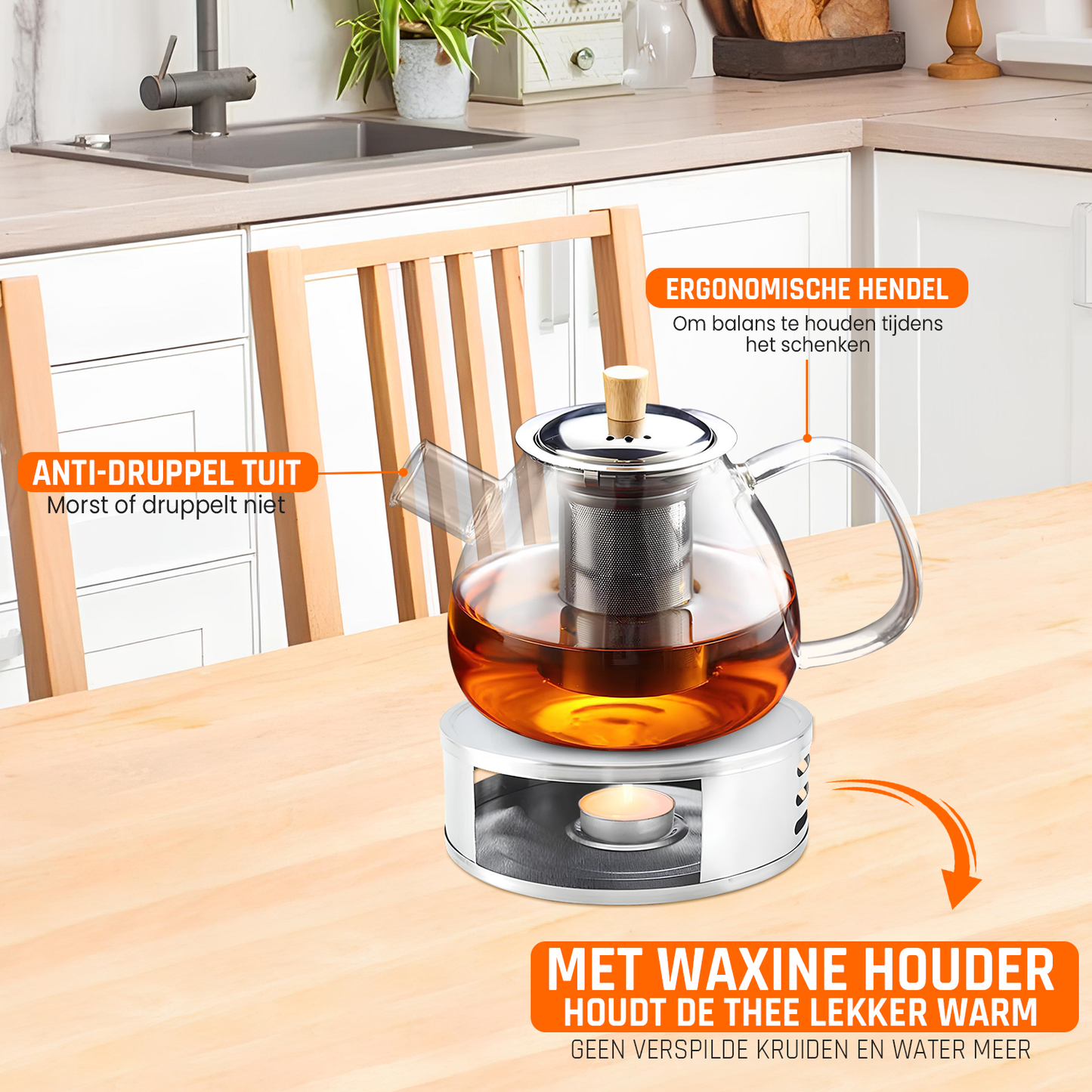 glazen theepot met warmhouder
