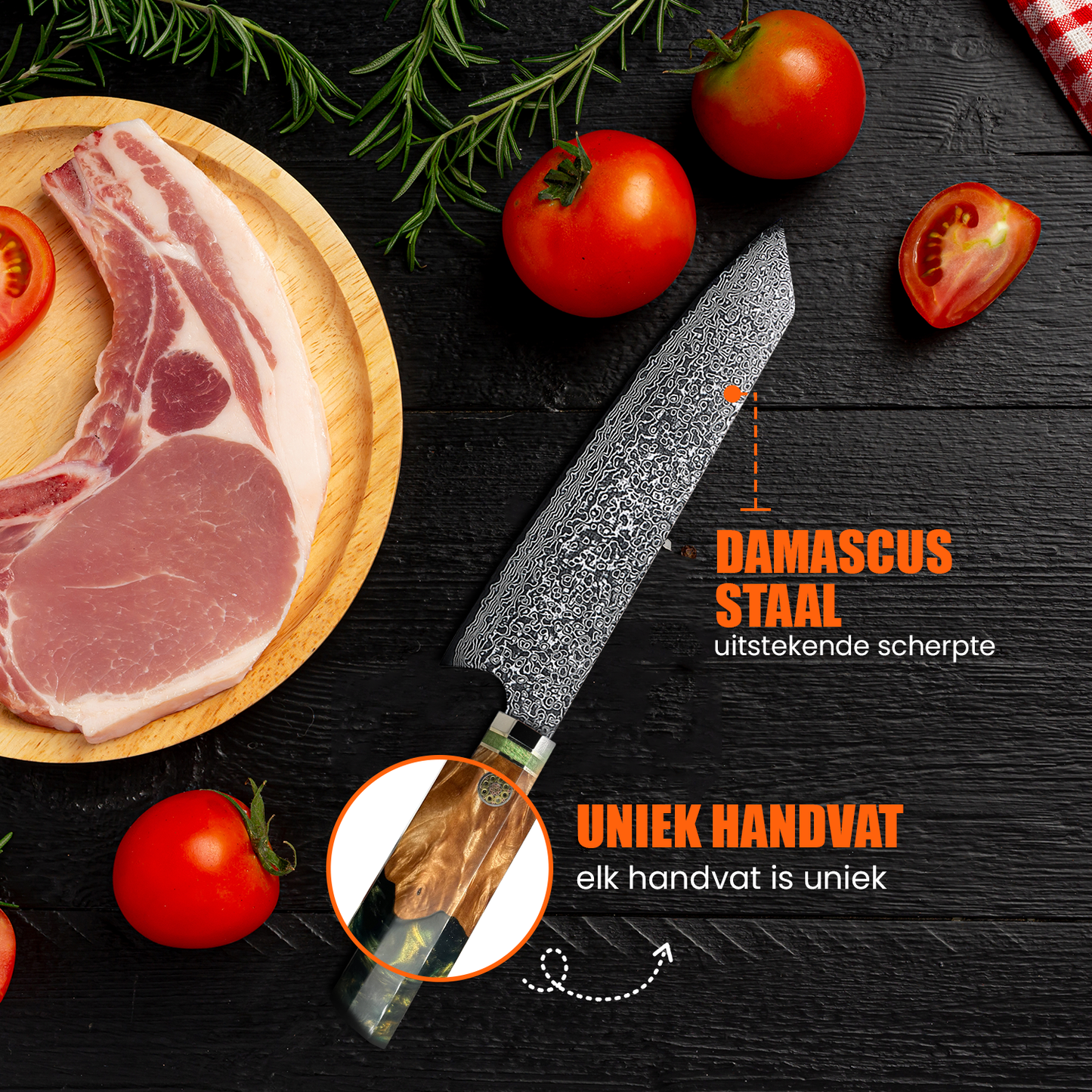 Japans Koksmes 23 CM Smaragdgroen gemaakt van Damascusstaal