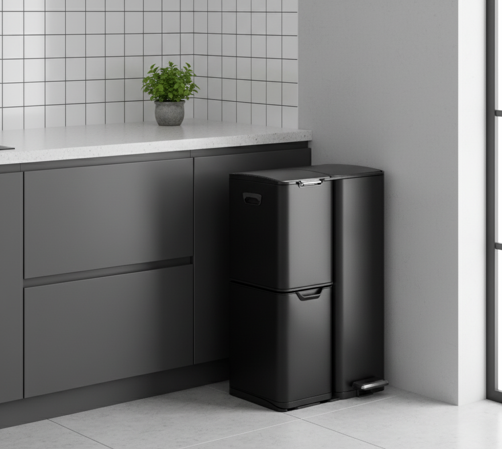 Luxe 60L Afvalscheidingsprullenbak – 3 Compartimenten | Roestvrijstaal & Pedalen | Ideaal voor GFT, Plastic & Restafval