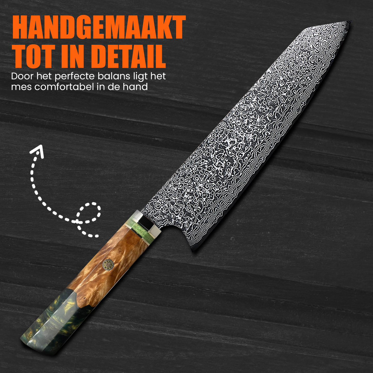 Japans Koksmes 23 CM Smaragdgroen gemaakt van Damascusstaal