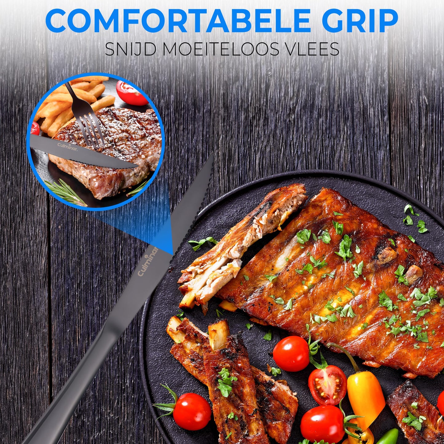 zwarte bestekset met steakmessen