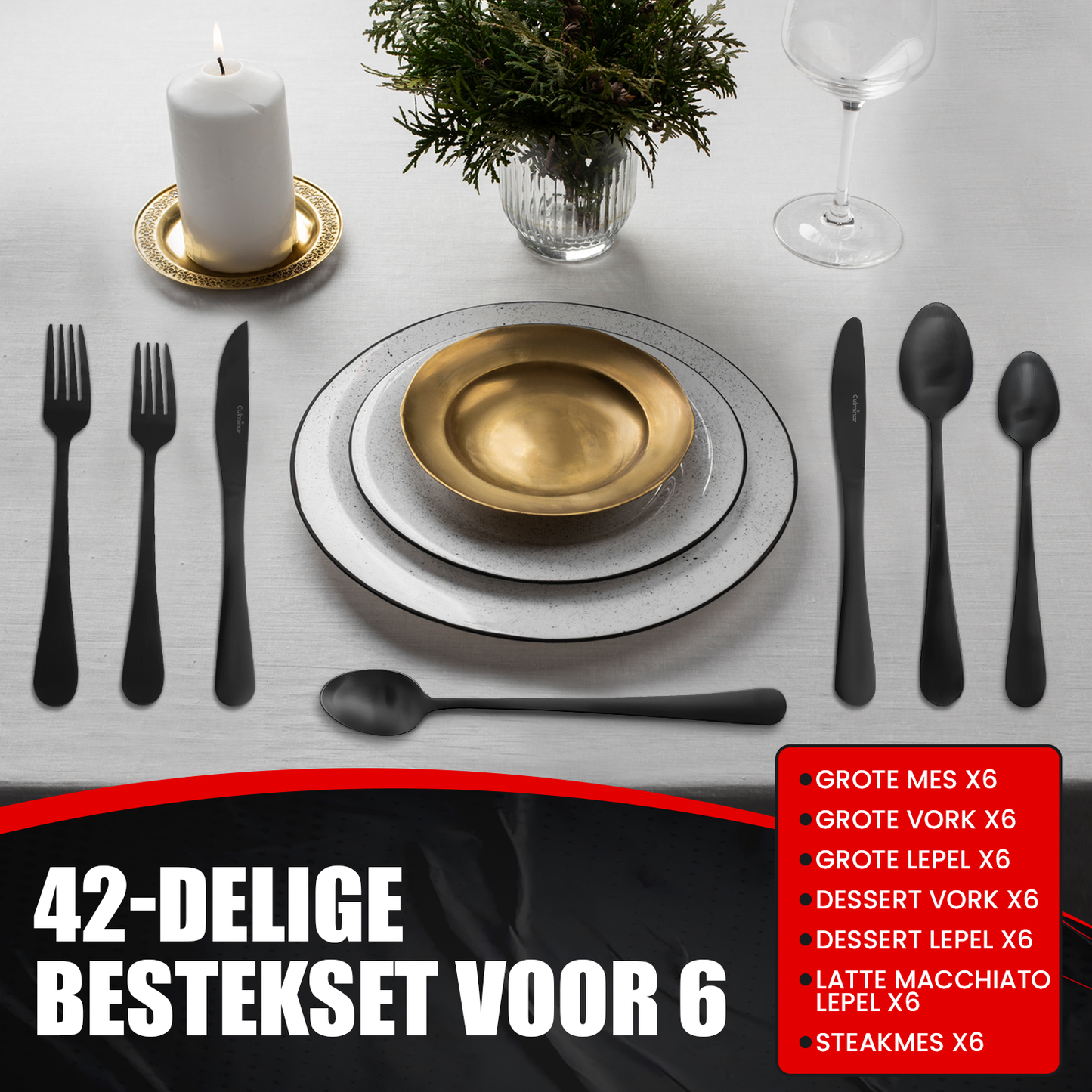 Complete Bestekset (42-delig) Mat Antraciet Zwart – Tijdloos Design - 6 Personen