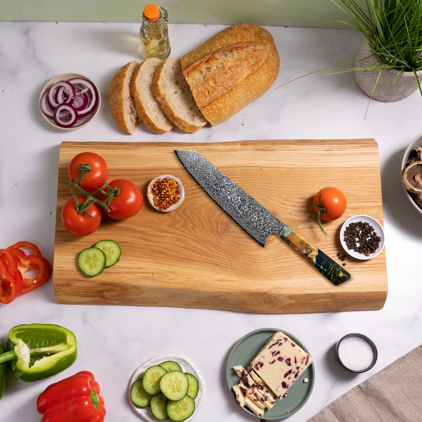 Japans Koksmes 23 CM Smaragdgroen gemaakt van Damascusstaal