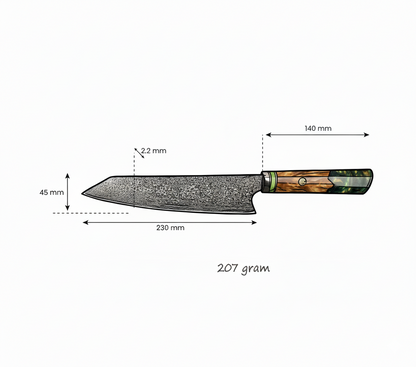 Japans Koksmes 23 CM Smaragdgroen gemaakt van Damascusstaal