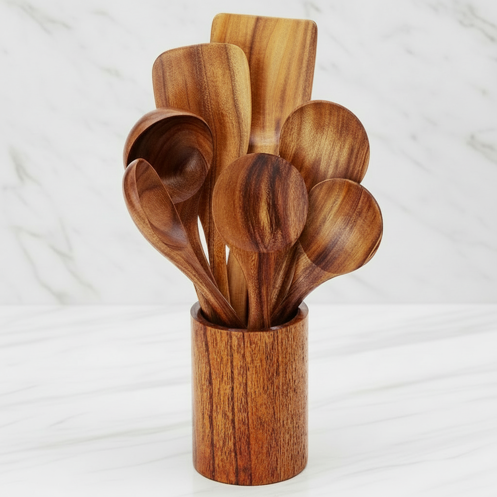 7-delige Teakhouten Keukengerei Set – Premium Houten Keukentools – Duurzaam, Hittebestendig & Krasvrij