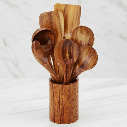 7-delige Teakhouten Keukengerei Set – Premium Houten Keukentools – Duurzaam, Hittebestendig & Krasvrij