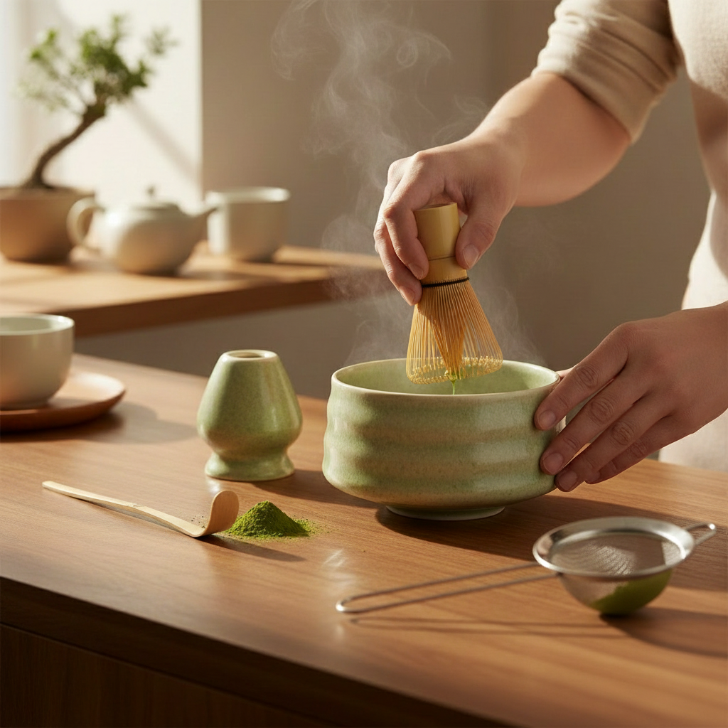 Luxe Keramische Matcha Theeset – Premium Pottery Kom met Bamboe Klopper & Houder – Cadeauset voor Matcha