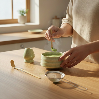 Luxe Keramische Matcha Theeset – Premium Pottery Kom met Bamboe Klopper & Houder – Cadeauset voor Matcha