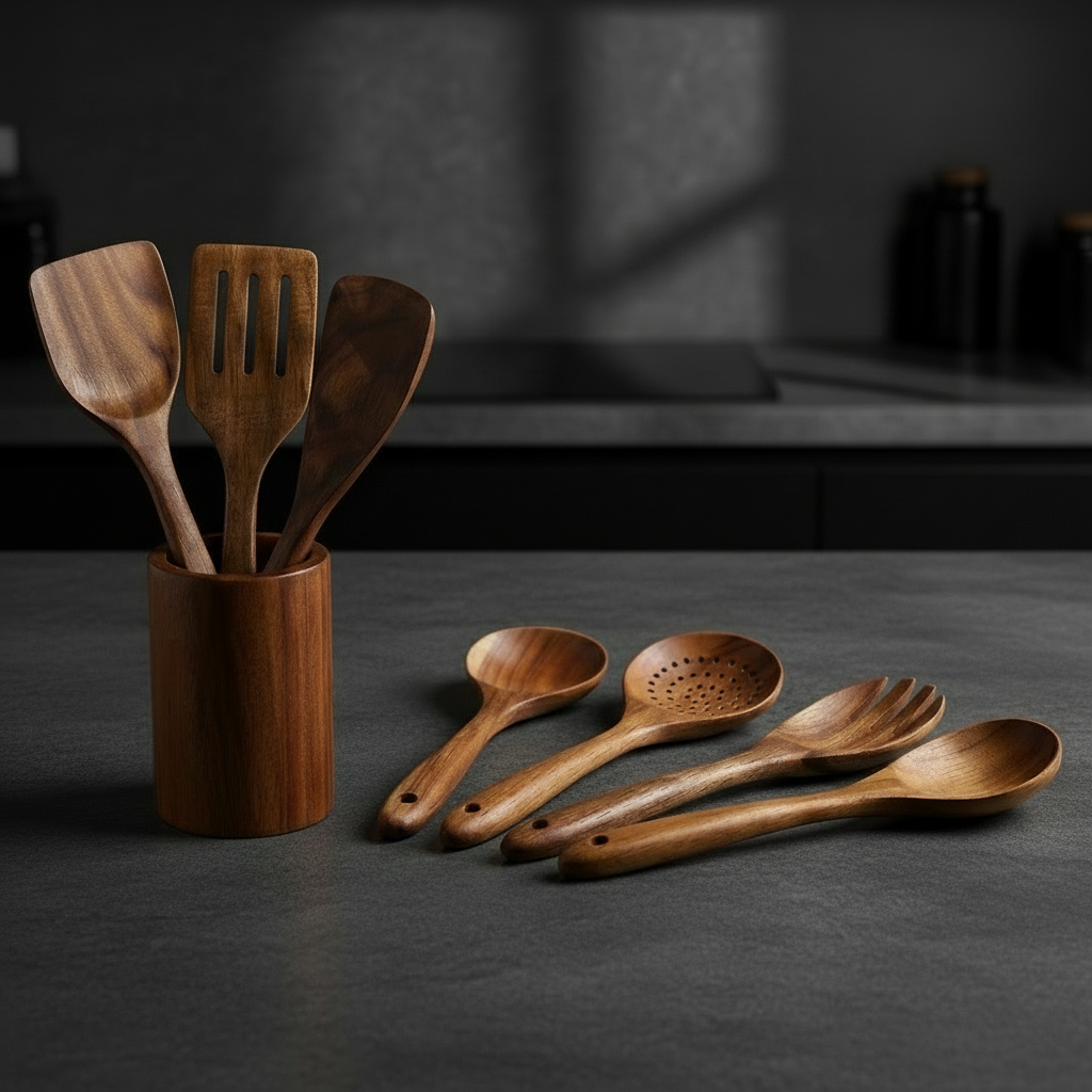 7-delige Teakhouten Keukengerei Set – Premium Houten Keukentools – Duurzaam, Hittebestendig & Krasvrij
