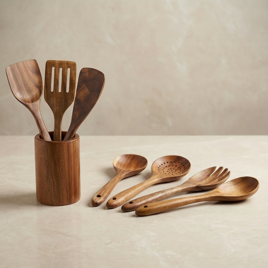 7-delige Teakhouten Keukengerei Set – Premium Houten Keukentools – Duurzaam, Hittebestendig & Krasvrij