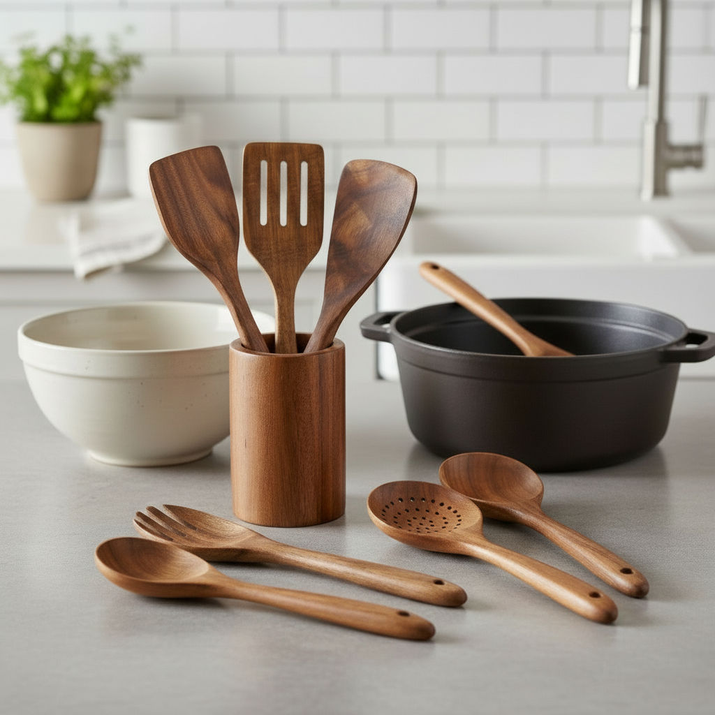 7-delige Teakhouten Keukengerei Set – Premium Houten Keukentools – Duurzaam, Hittebestendig & Krasvrij