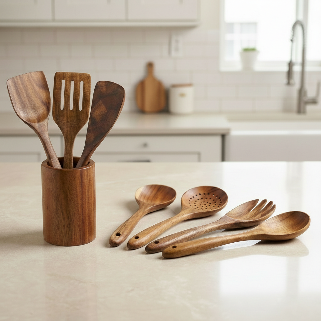 7-delige Teakhouten Keukengerei Set – Premium Houten Keukentools – Duurzaam, Hittebestendig & Krasvrij