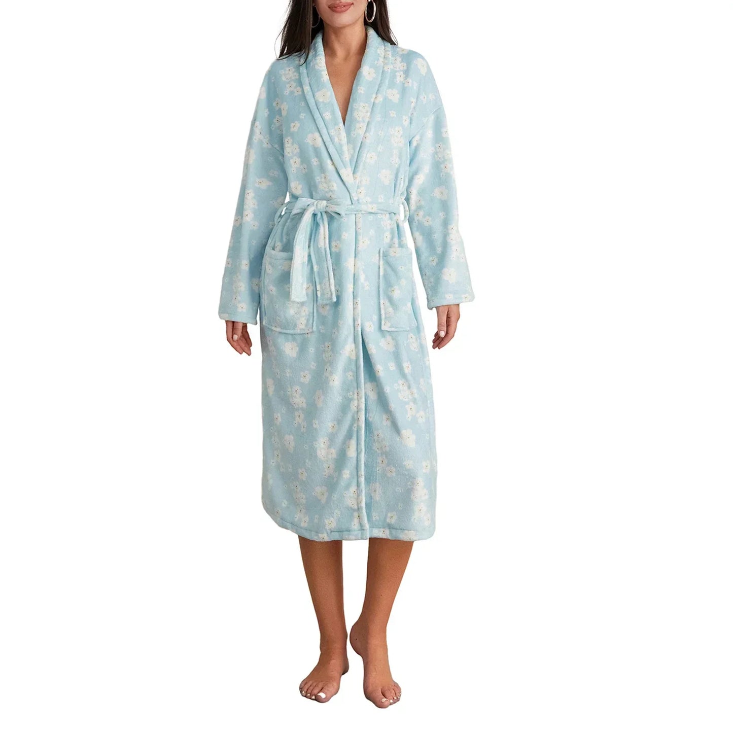 Floriva – Dames Badjas Flanel met Bloemenprint & Sjaalkraag