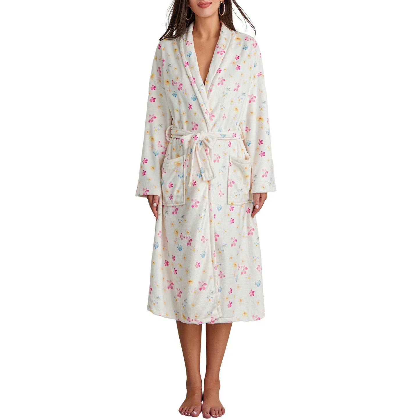Floriva – Dames Badjas Flanel met Bloemenprint & Sjaalkraag