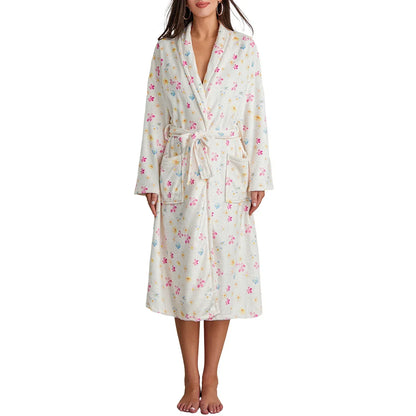 Floriva – Dames Badjas Flanel met Bloemenprint & Sjaalkraag