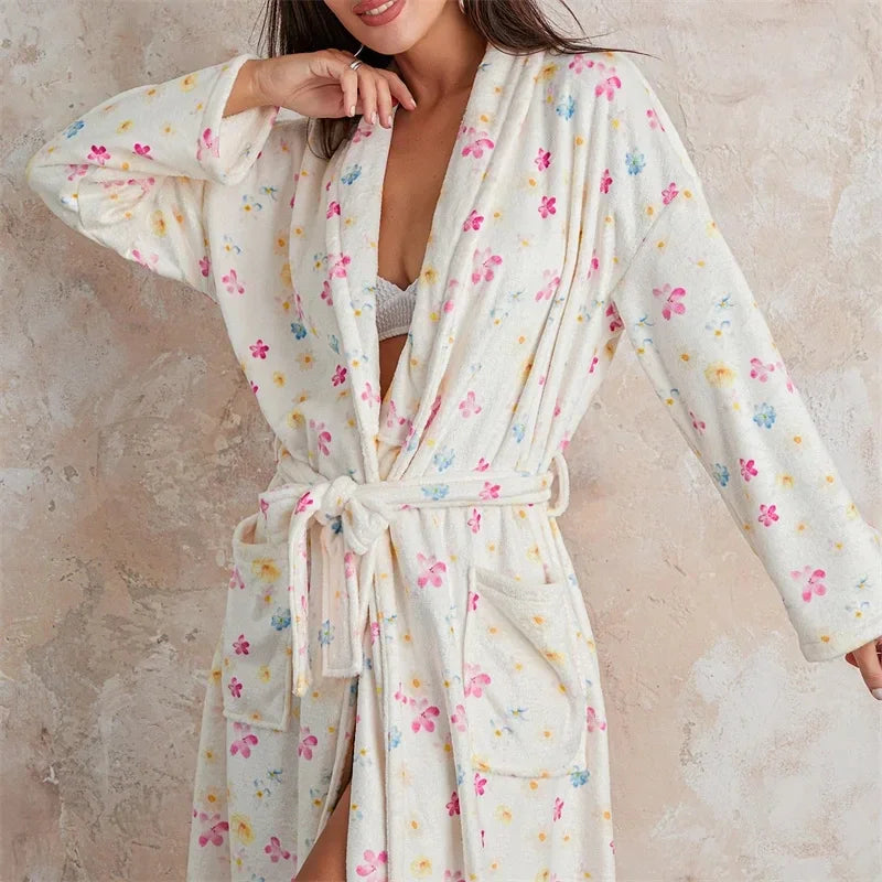 Floriva – Dames Badjas Flanel met Bloemenprint & Sjaalkraag