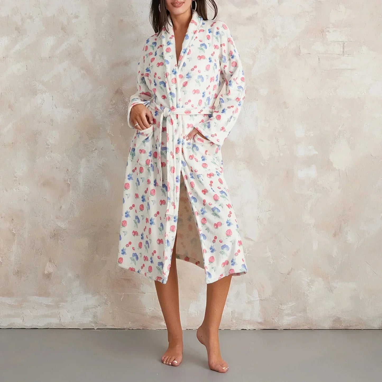 Floriva – Dames Badjas Flanel met Bloemenprint & Sjaalkraag