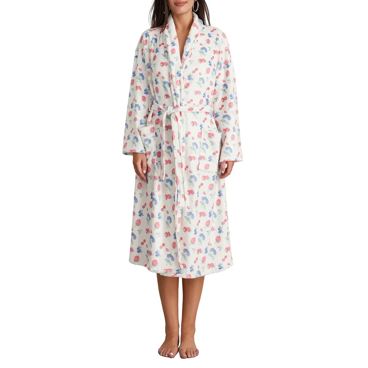 Floriva – Dames Badjas Flanel met Bloemenprint & Sjaalkraag