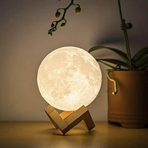 Lunova – 3D maanlamp met touchbediening en houten standaard