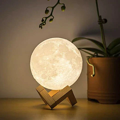 Lunova – 3D maanlamp met touchbediening en houten standaard