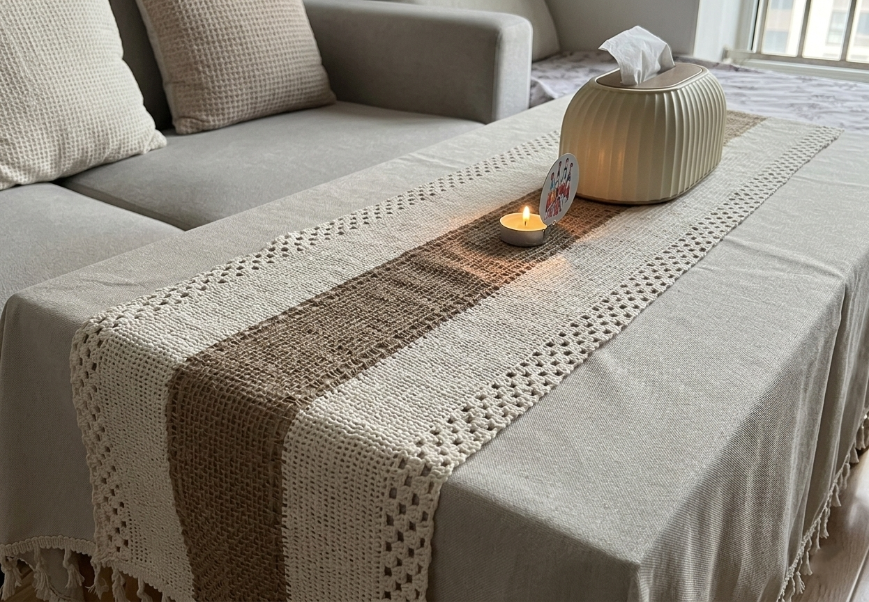 Stijlvolle Linnen Tafelloper Beige met Kant & Middenstrook – 30 x 180 cm