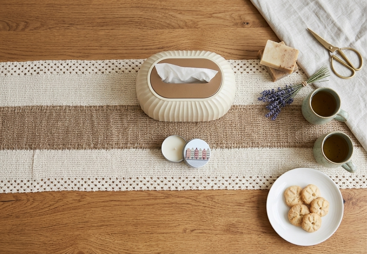 Stijlvolle Linnen Tafelloper Beige met Kant & Middenstrook – 30 x 180 cm