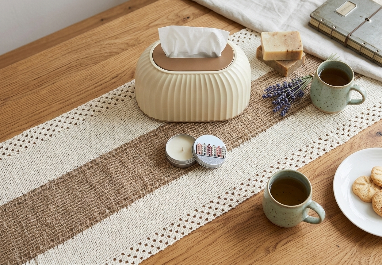 Stijlvolle Linnen Tafelloper Beige met Kant & Middenstrook – 30 x 180 cm