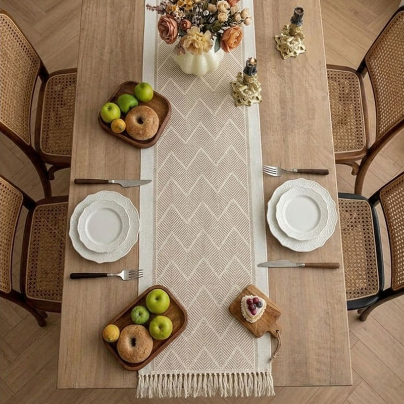 Stijlvolle Linnen Tafelloper Beige – Geometrisch Patroon – 35 x 180 cm