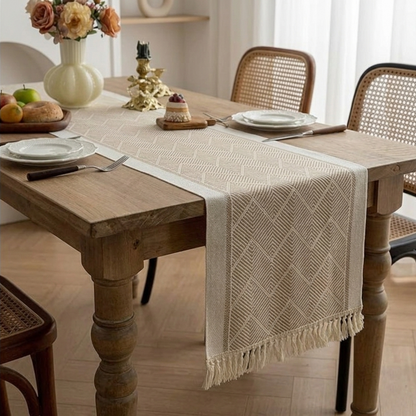 Stijlvolle Linnen Tafelloper Beige – Geometrisch Patroon – 35 x 180 cm