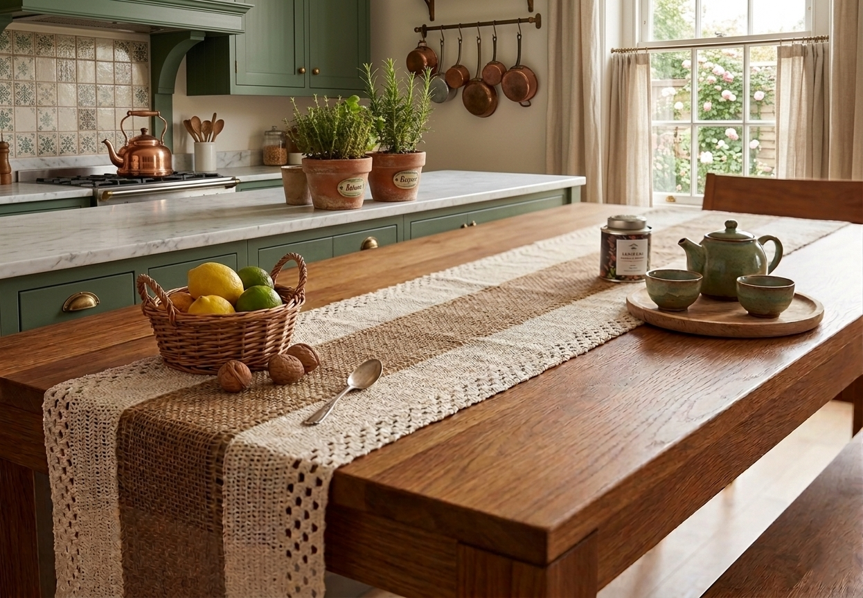 Stijlvolle Linnen Tafelloper Beige met Kant & Middenstrook – 30 x 180 cm