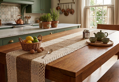 Stijlvolle Linnen Tafelloper Beige met Kant & Middenstrook – 30 x 180 cm