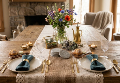 Stijlvolle Linnen Tafelloper Beige met Kant & Middenstrook – 30 x 180 cm