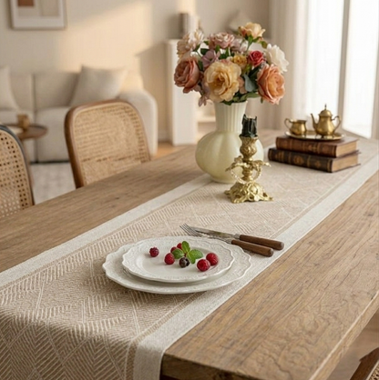 Stijlvolle Linnen Tafelloper Beige – Geometrisch Patroon – 35 x 180 cm