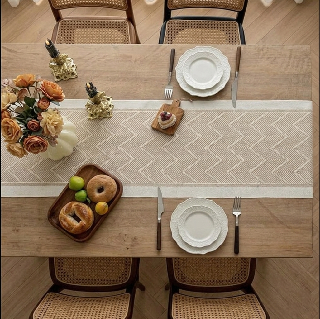 Stijlvolle Linnen Tafelloper Beige – Geometrisch Patroon – 35 x 180 cm