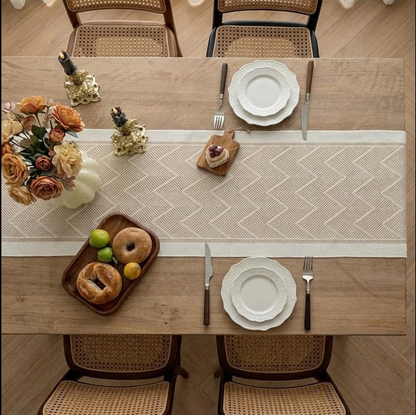Stijlvolle Linnen Tafelloper Beige – Geometrisch Patroon – 35 x 180 cm