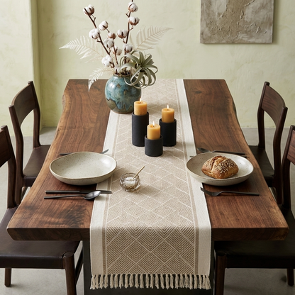 Stijlvolle Linnen Tafelloper Beige – Geometrisch Patroon – 35 x 180 cm