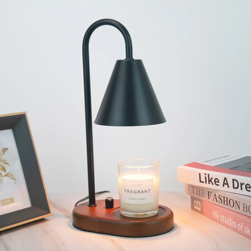 Valoria – Wax Warmer Tafellamp met Metalen Kap en Houten Voet