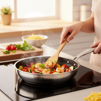 RVS Hapjespan 28 cm – Non-Stick Honingraatstructuur, Geschikt voor Inductie & Alle Warmtebronnen